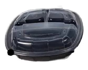 Take-Out Container Hinged With Dome Lid 10X10X3 IN 3 Compartment PP Black Clear Square 148/Case