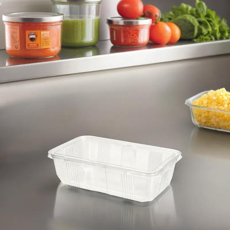 Safe-T-Fresh® Deli Container Hinged With Flat Lid 112 OZ RPET Clear Rectangle 60/Case