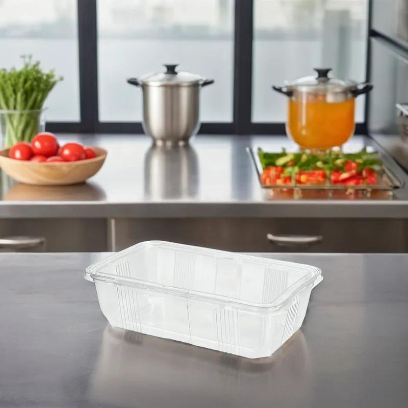 Safe-T-Fresh® Deli Container Hinged With Flat Lid 112 OZ RPET Clear Rectangle 60/Case