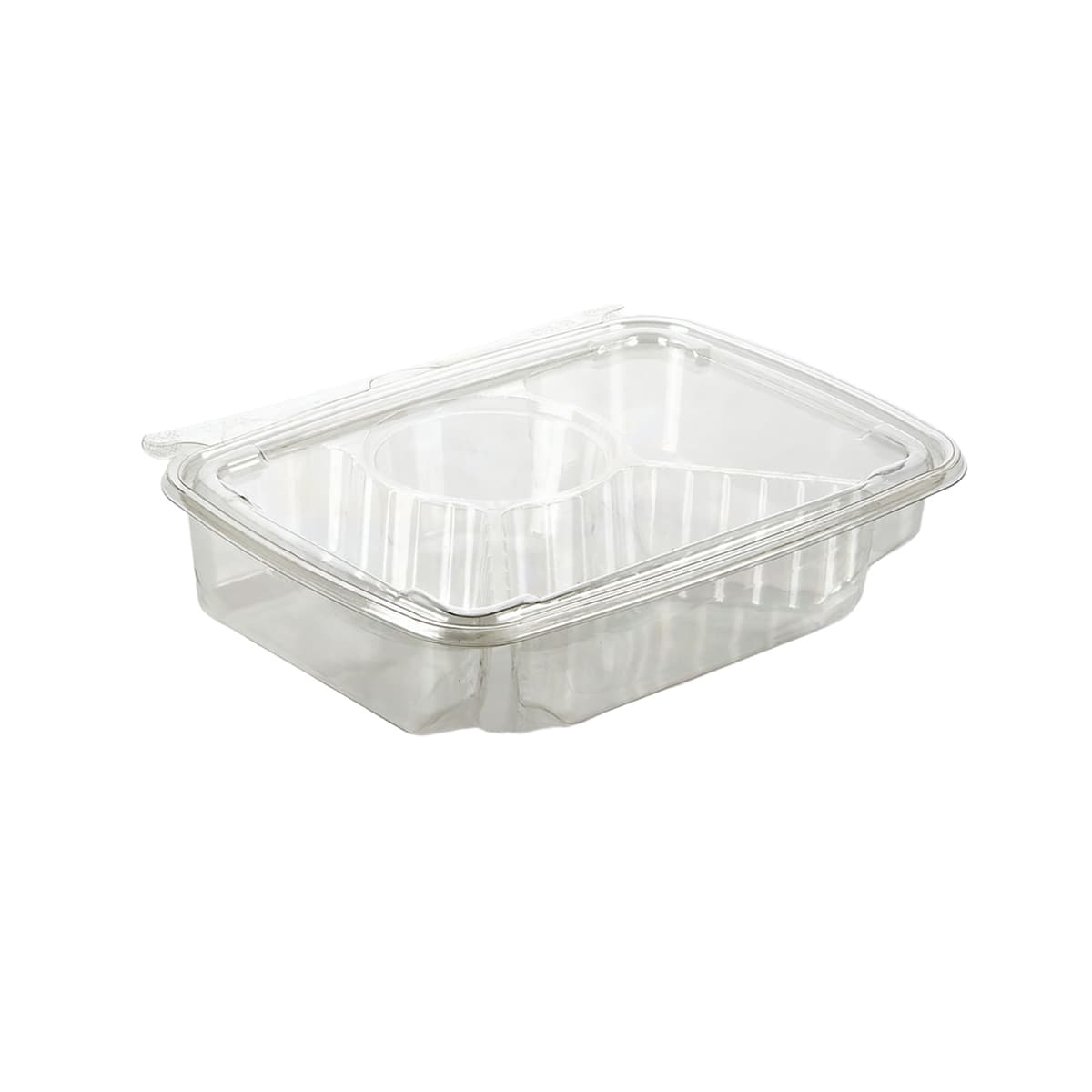 Fresh N' Sealed® Deli Container Hinged With Flat Lid 30 OZ 4 Compartment PET Clear Rectangle 136/Case