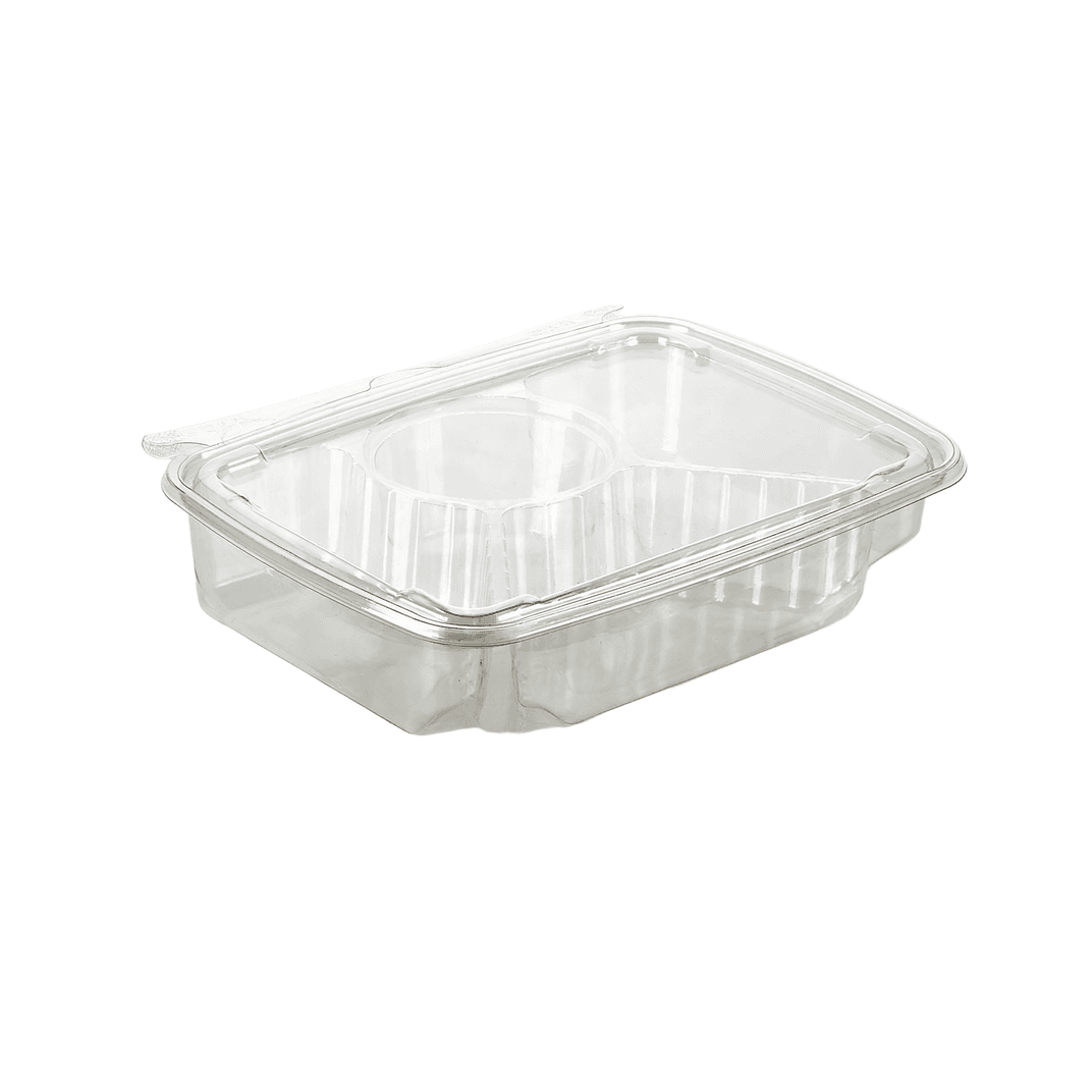 Fresh N' Sealed® Deli Container Hinged With Flat Lid 30 OZ 4 Compartment PET Clear Rectangle 136/Case