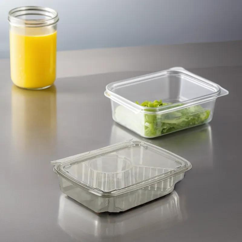 Fresh N' Sealed® Deli Container Hinged With Flat Lid 30 OZ 4 Compartment PET Clear Rectangle 136/Case