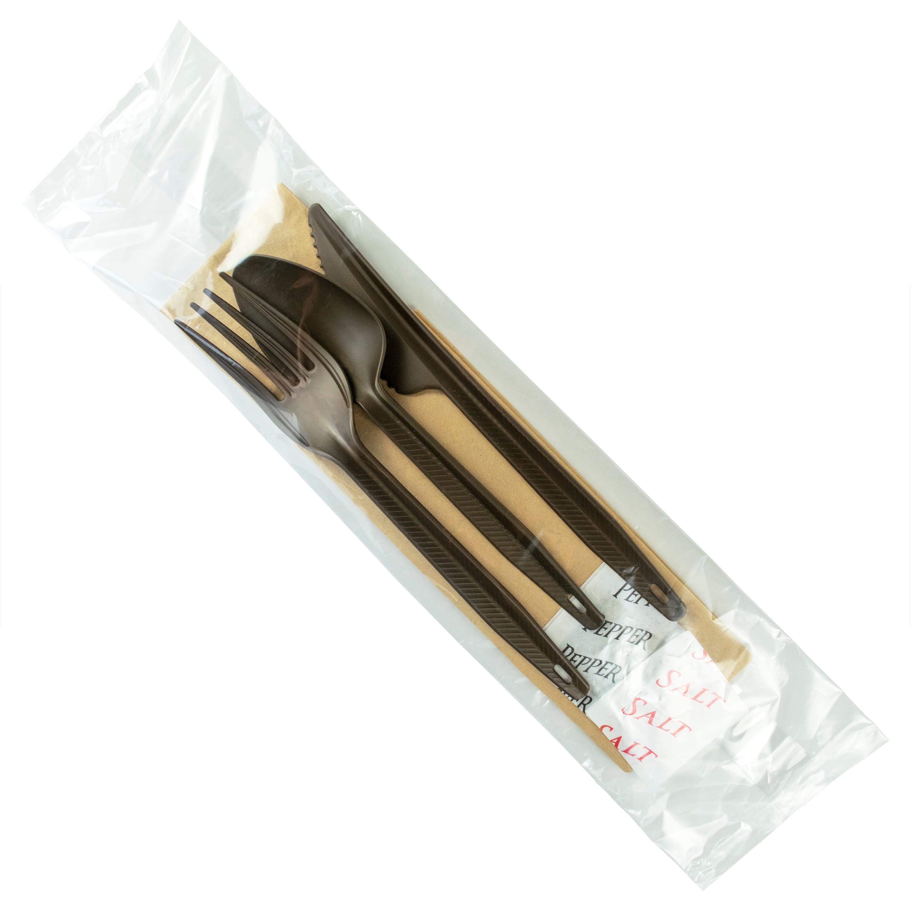6PC Cutlery Kit With Kraft 2PLY 13X17 Napkin,Fork,Knife,Salt & Pepper,Spoon 250/Case