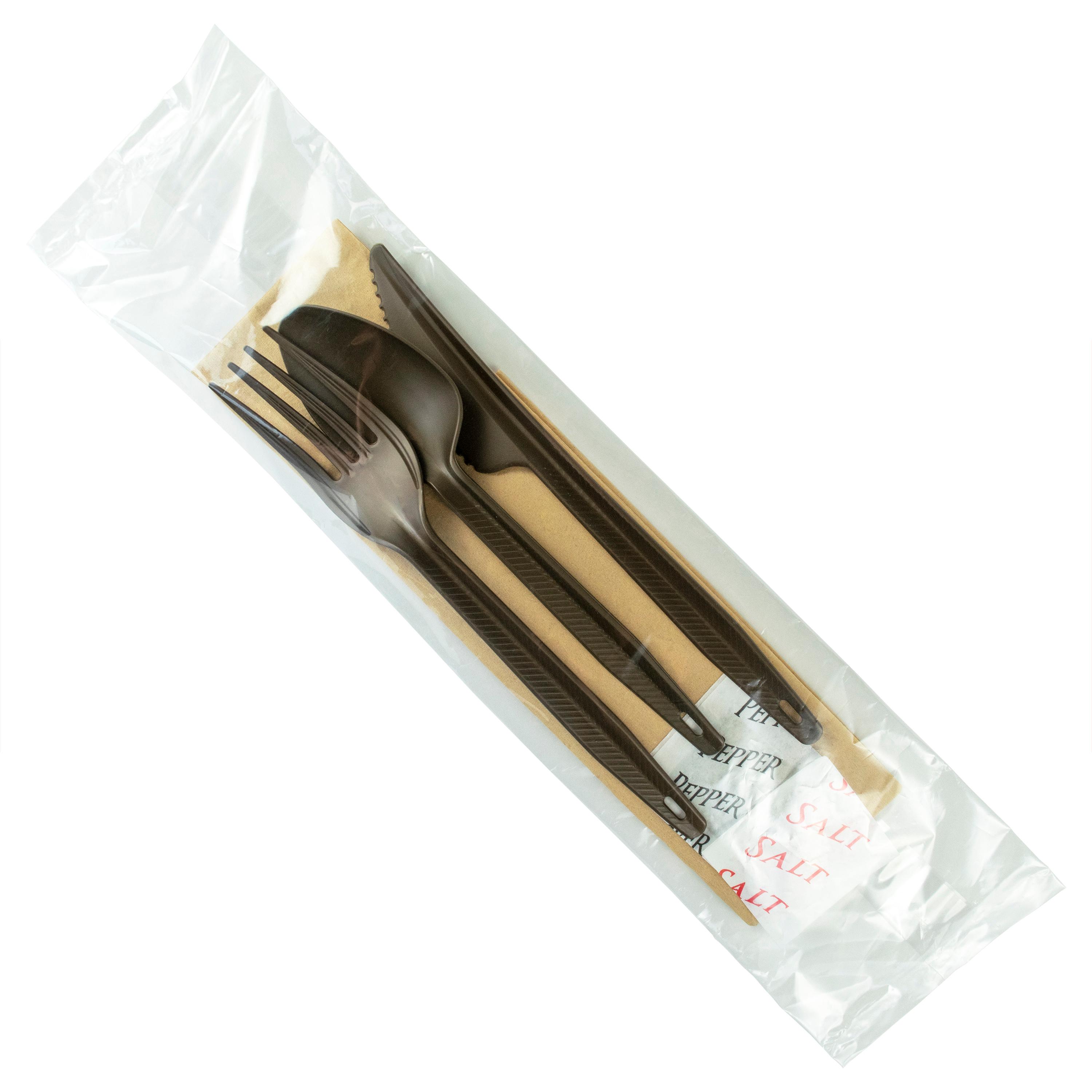 6PC Cutlery Kit With Kraft 2PLY 13X17 Napkin,Fork,Knife,Salt & Pepper,Spoon 250/Case