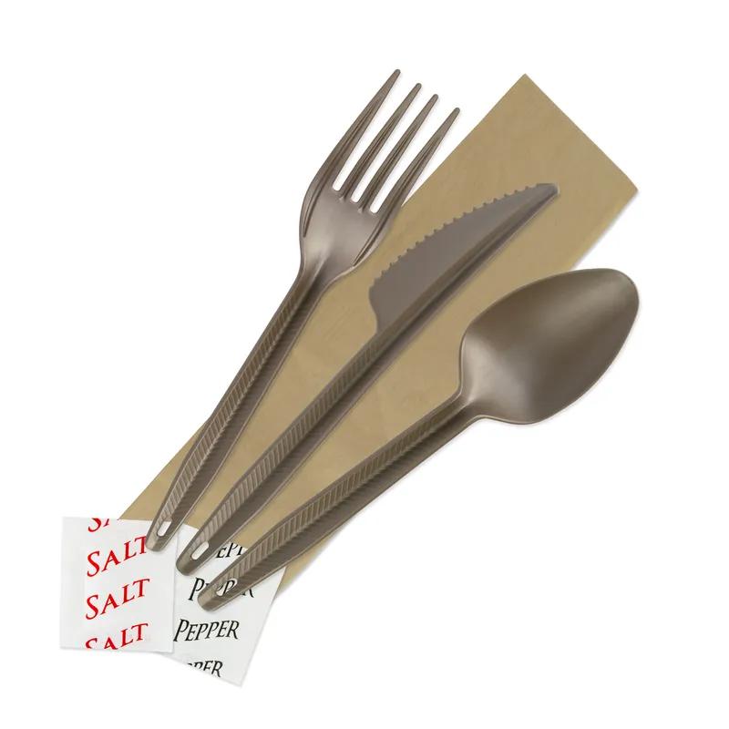 6PC Cutlery Kit With Kraft 2PLY 13X17 Napkin,Fork,Knife,Salt & Pepper,Spoon 250/Case