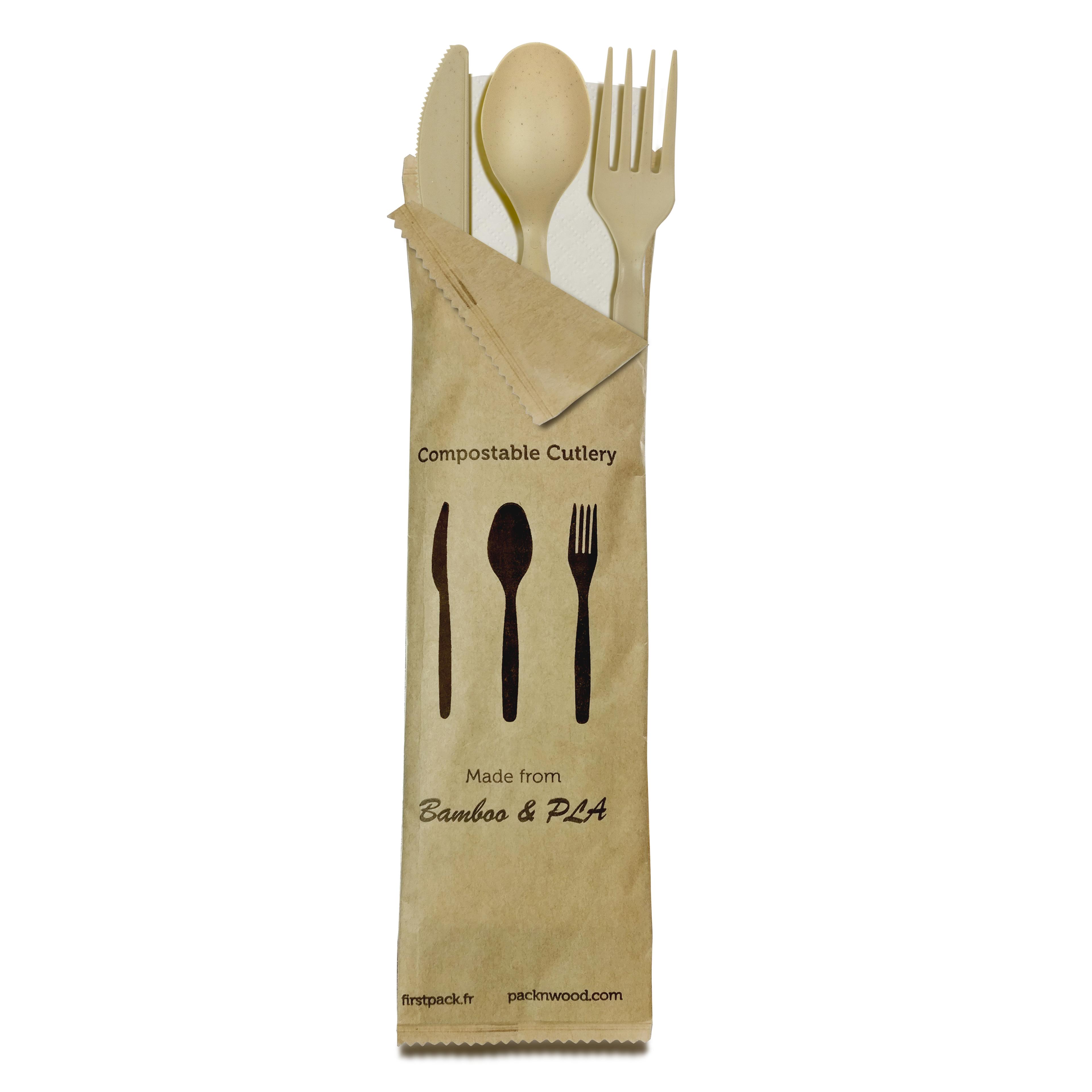 4PC Cutlery Kit 6 IN CPLA Bamboo 50 Count/Pack 5 Packs/Case 250 Count/Case
