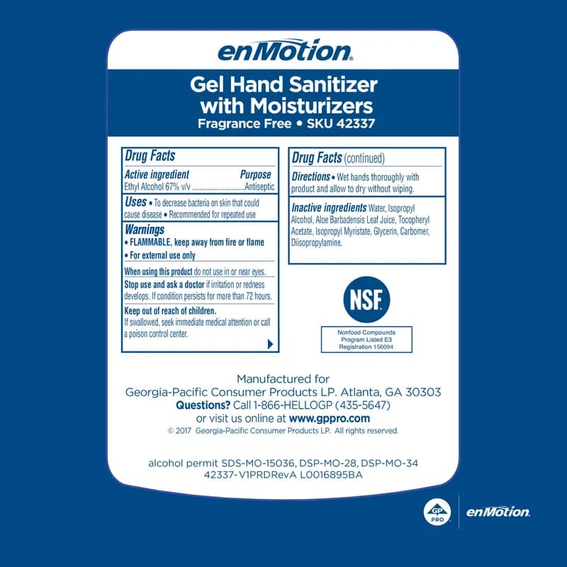 enMotion® Hand Sanitizer Gel 1000 mL Unscented Fragrance Free Clear Dye Free E3 Rated 2/Case