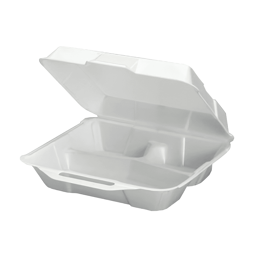 Take-Out Container Hinged With Dome Lid XL 10.25X9.25X3.25 IN 3 Compartment Polystyrene Foam White Rectangle 200/Case