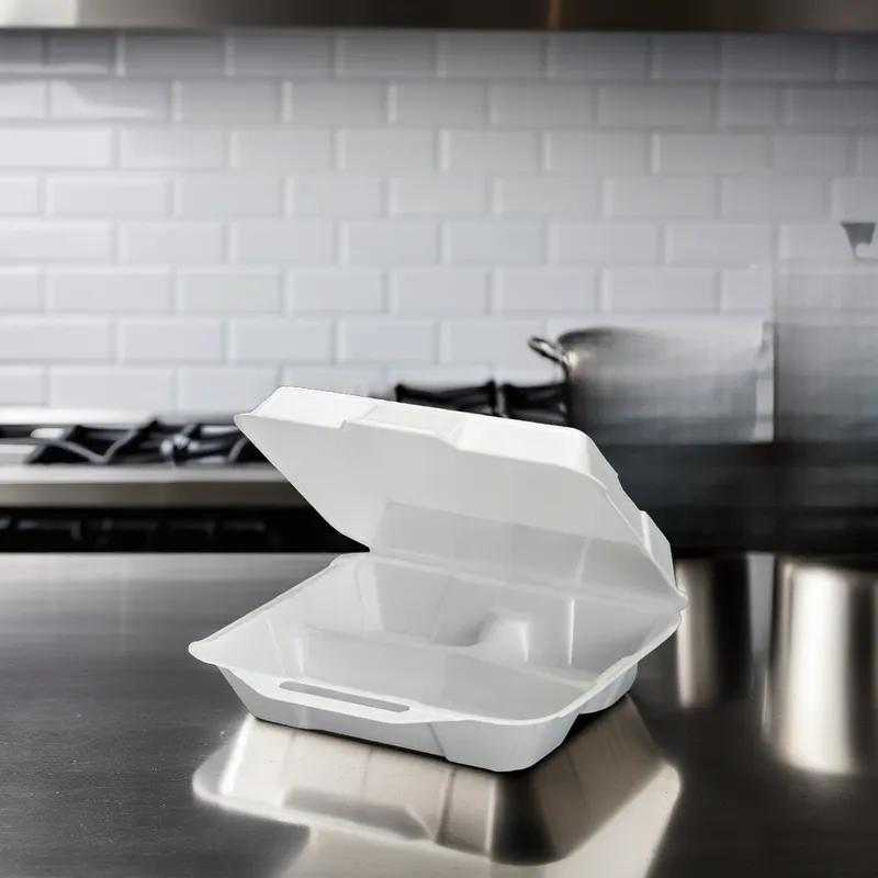 Take-Out Container Hinged With Dome Lid XL 10.25X9.25X3.25 IN 3 Compartment Polystyrene Foam White Rectangle 200/Case