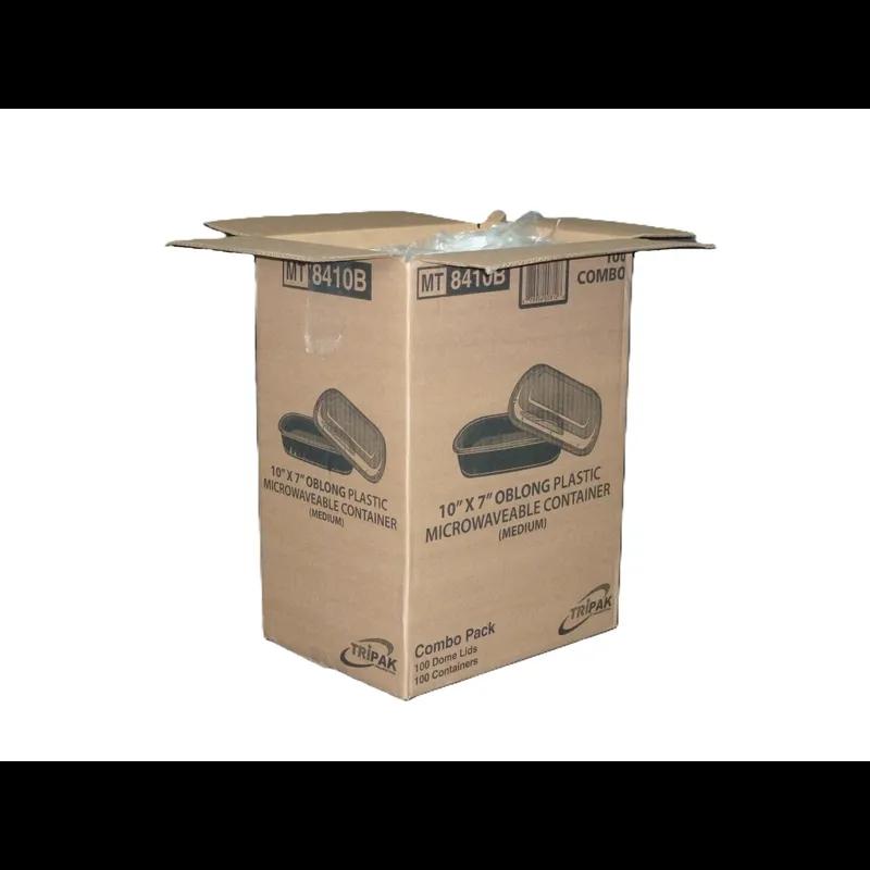 Take-Out Container Base & Lid Combo With Dome Lid Medium (MED) 48 OZ Plastic Black Clear Oblong 150/Case