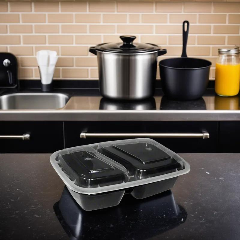 Take-Out Container Base 8X6 IN 2 Compartment Plastic Black Rectangle 150/Case