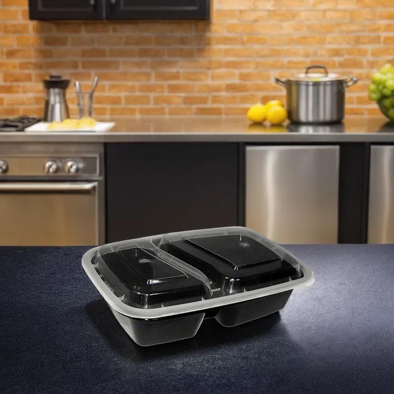 Take-Out Container Base 8X6 IN 2 Compartment Plastic Black Rectangle 150/Case