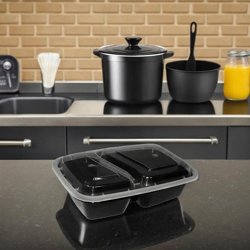 Take-Out Container Base 8X6 IN 2 Compartment Plastic Black Rectangle 150/Case