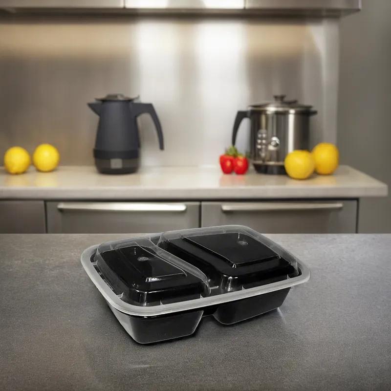 Take-Out Container Base 8X6 IN 2 Compartment Plastic Black Rectangle 150/Case