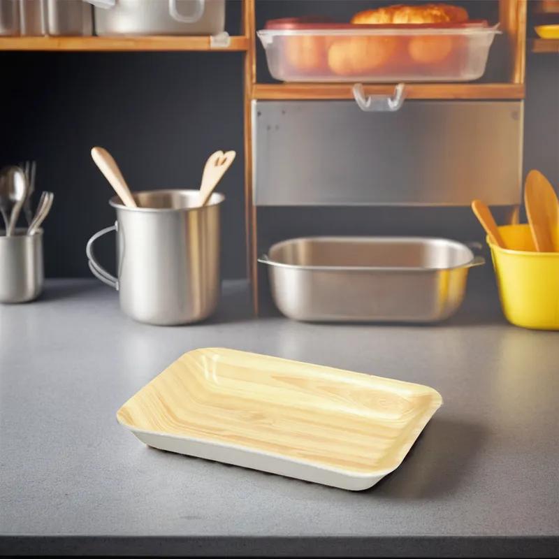 2 Meat Tray 8X5.5X1 IN Polystyrene Foam Wood Grain Rectangle 300/Case
