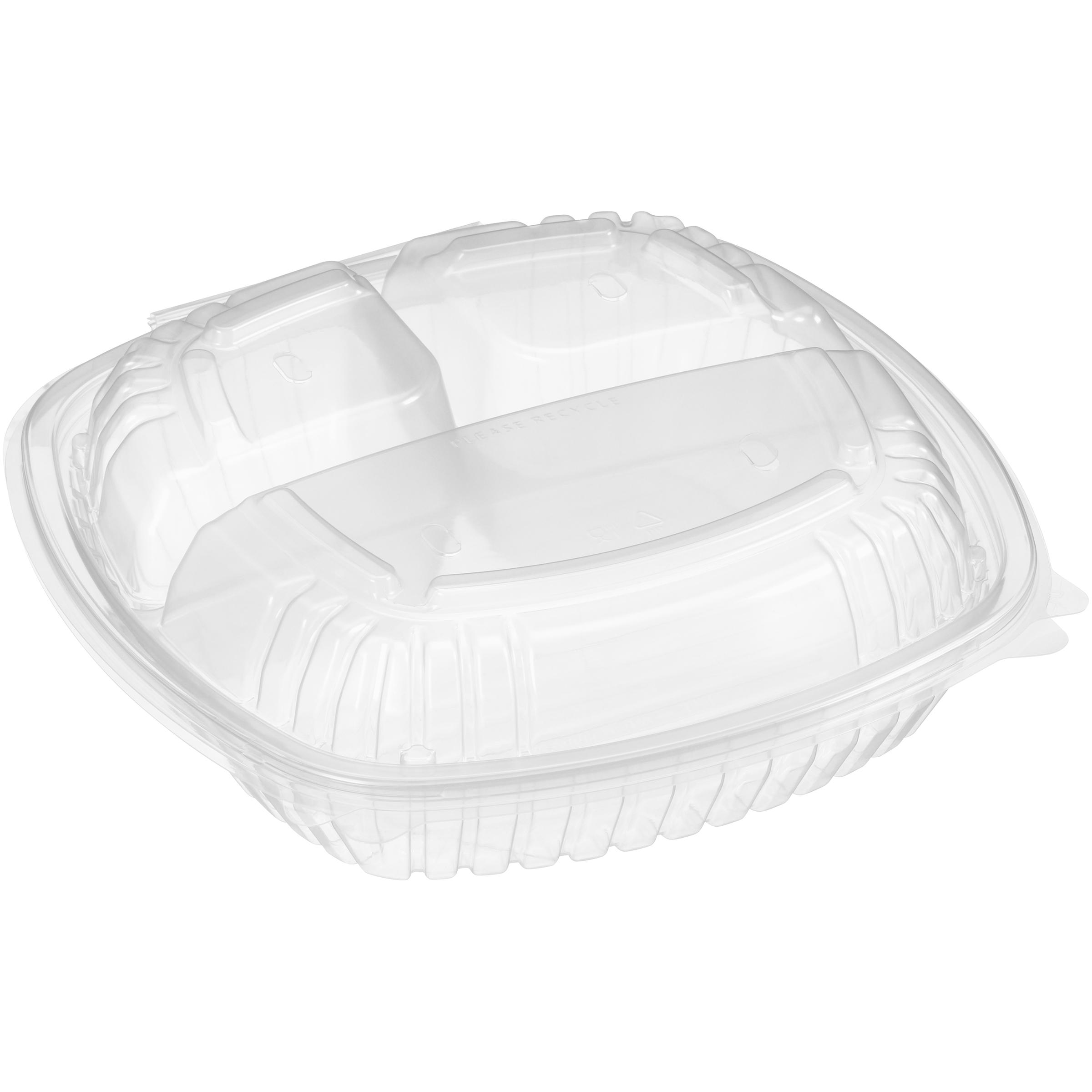 Take-Out Container Hinged With Dome Lid 9X9 IN 3 Compartment PP Clear Square 180/Case