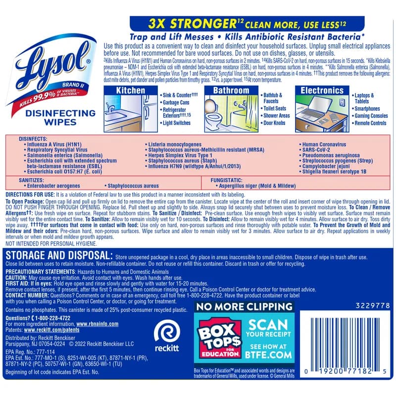 Lysol® Lemon & Lime Blossom Disinfectant Multi Surface Wipe Alcohol 80 Count/Pack 6 Packs/Case 480 Count/Case