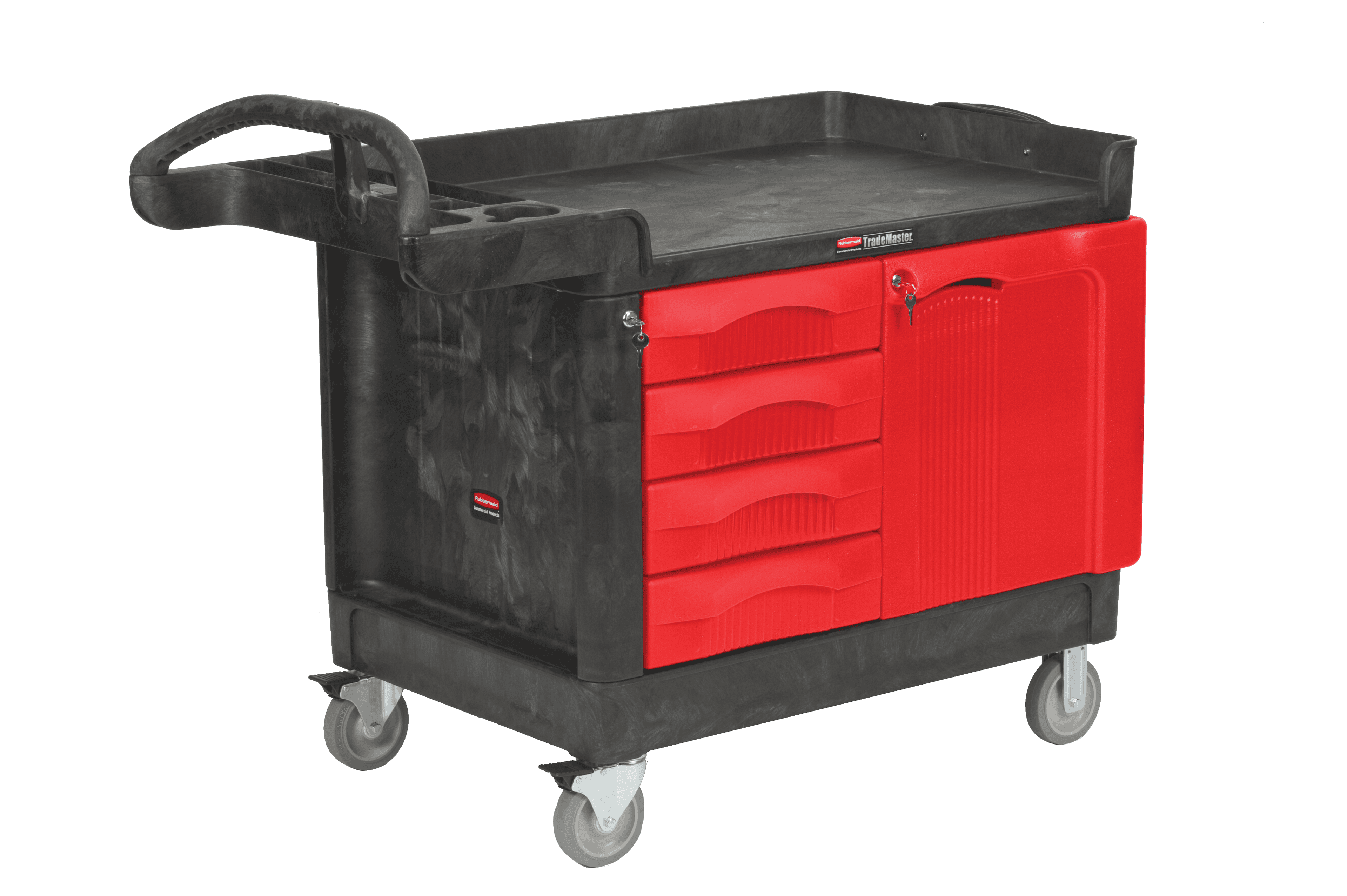 TradeMaster® Storage & Organization Cart 49X26.25X38 IN 750LB Black Red Resin 4 Drawers & Cabinet 5 IN TPR Caster 1/Each