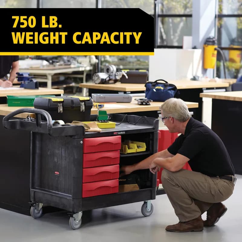 TradeMaster® Storage & Organization Cart 49X26.25X38 IN 750LB Black Red Resin 4 Drawers & Cabinet 5 IN TPR Caster 1/Each