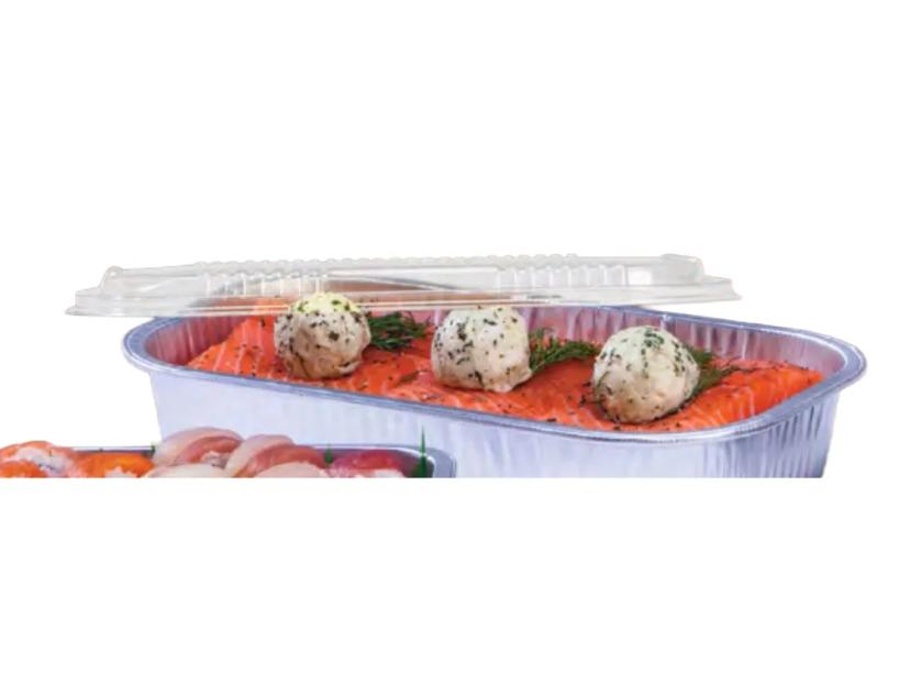 Take-Out Container Base & Lid Combo With Dome Lid 46 OZ Aluminum Plastic Silver Clear Rectangle 150/Case