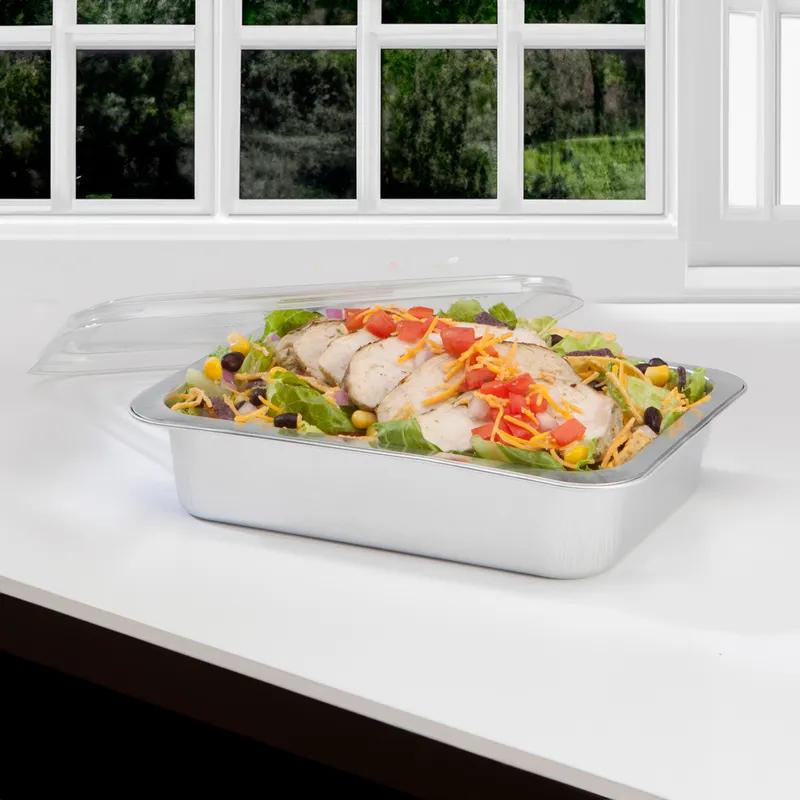 Take-Out Container Base & Lid Combo With Dome Lid 46 OZ Aluminum Plastic Silver Clear Rectangle 150/Case