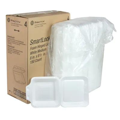 SmartLock® Take-Out Container Hinged With Dome Lid 8X8.5X3 IN Polystyrene Foam White Square 150/Case