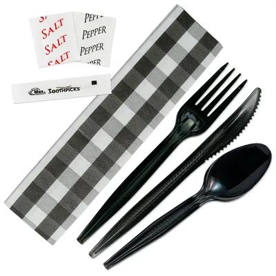 7PC Cutlery Kit PP Black Heavy Duty Individually Wrapped With Napkin,Fork,Knife,Salt & Pepper,Spoon,Toothpick 200/Case