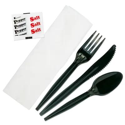 6PC Cutlery Kit PP Black Heavy Duty Individually Wrapped With 13X17 Napkin,Fork,Knife,Salt & Pepper,Spoon 250/Case