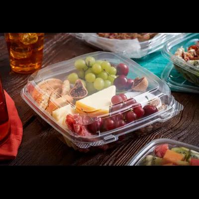 Take-Out Container Hinged With Dome Lid 8.87X9.22X2.92 IN 3 Compartment RPET Clear Square 250/Case