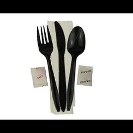 7PC Cutlery Kit PS Black Heavy Duty With 13X17 Napkin,Fork,Knife,Salt & Pepper,Spoon,Moist Towelette 250/Case
