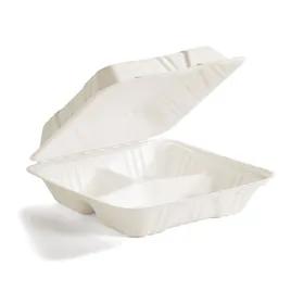 Take-Out Container Hinged With Dome Lid 9X9X3 IN 3 Compartment Molded Fiber White Square 200/Case