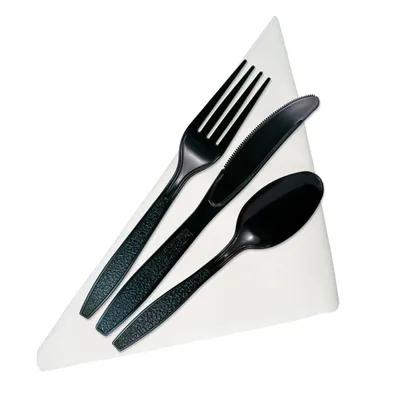 4PC Cutlery Kit Black Pre-Rolled With Napkin,Fork,Knife,Teaspoon 100/Case