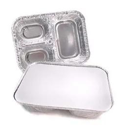 Take-Out Container Base & Lid Combo With Flat Lid Large (LG) 3 Compartment Aluminum Paper Silver White Deep 200/Case