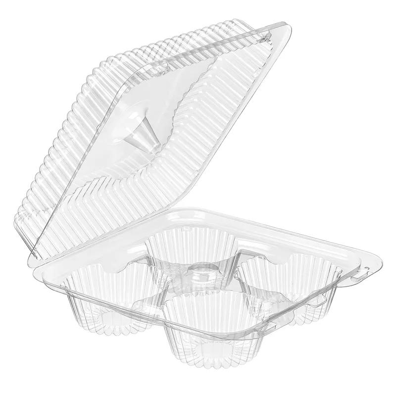 Essentials SureLock Muffin Hinged Container With Dome Lid 8.25X8.75X3.125 IN 4 Compartment RPET Clear Square 300/Case