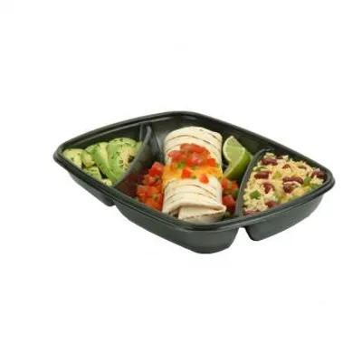 Take-Out Container Base 11X8X1.63 IN 3 Compartment PP Black Rectangle 150/Case