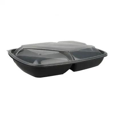 Take-Out Container Base 11X8X1.63 IN 3 Compartment PP Black Rectangle 150/Case