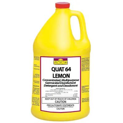 Quat 64 Lemon Disinfectant Detergent Deodorizer 1 GAL Liquid Quat Germicidal Concentrated Multi-Purpose 4/Case